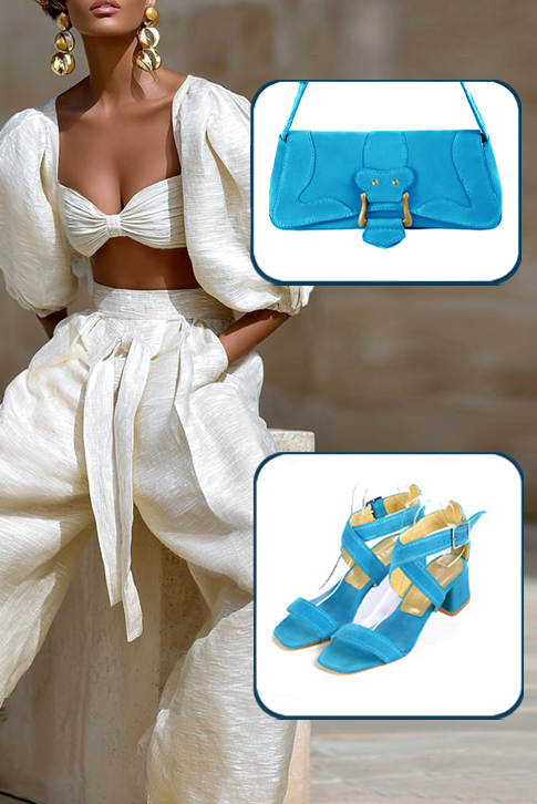 Women's turquoise blue elegant fully open cross straps sandals. Square toe. Low flare heels - Worn view